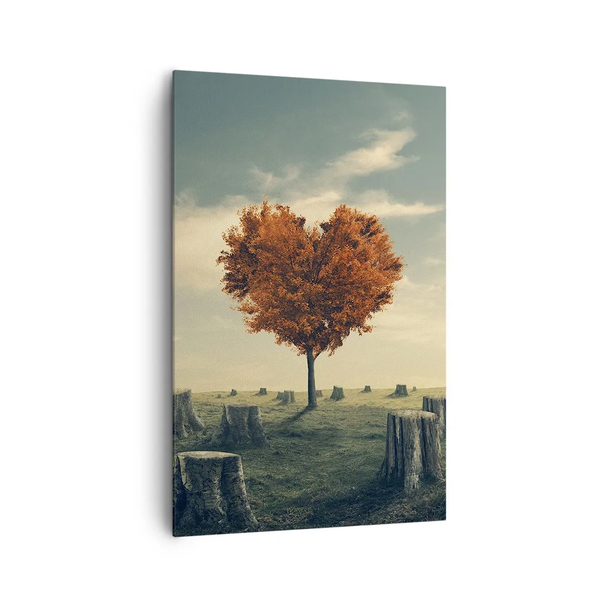 Bild auf Leinwand - Leinwandbild - Ein herzförmiger Baum in einem Feld aus Baumstümpfen, ein Symbol der Hoffnung - 80x120cm - Es gibt noch Hoffnung - Moderne Wanddekoration für Wohnzimmer und Schlafzimmer ARTTOR