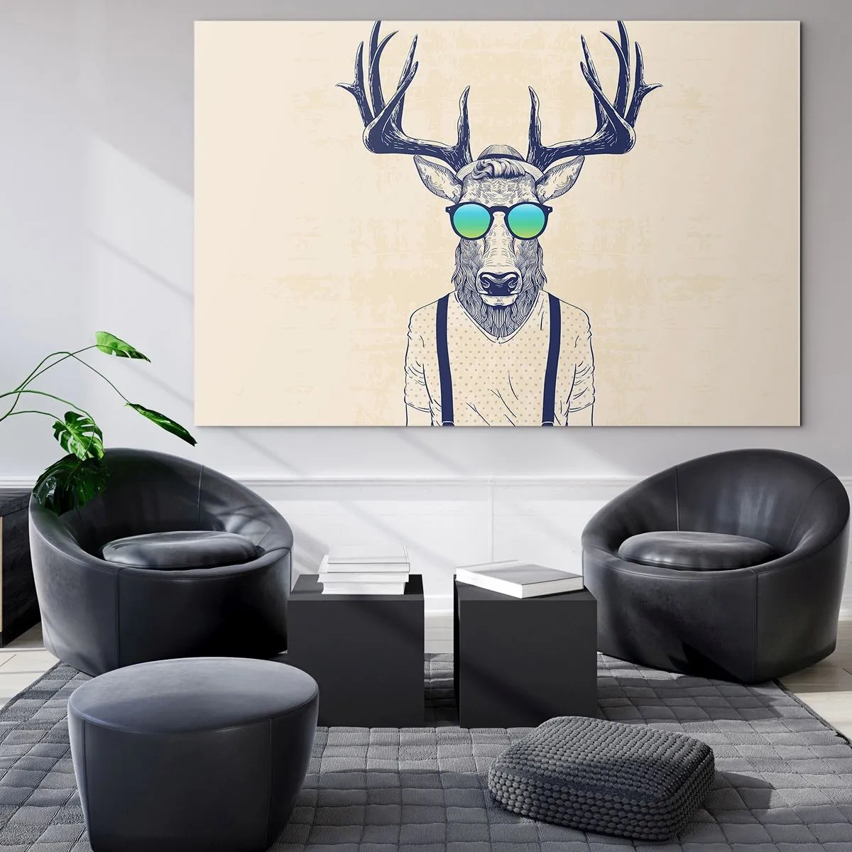 Glasbild - Bild auf glas - Ein eleganter Hirsch mit Sonnenbrille auf hellem Hintergrund - 70x50cm - Wen hast du erwartet? - Moderne Wanddekoration für Wohnzimmer und Schlafzimmer ARTTOR