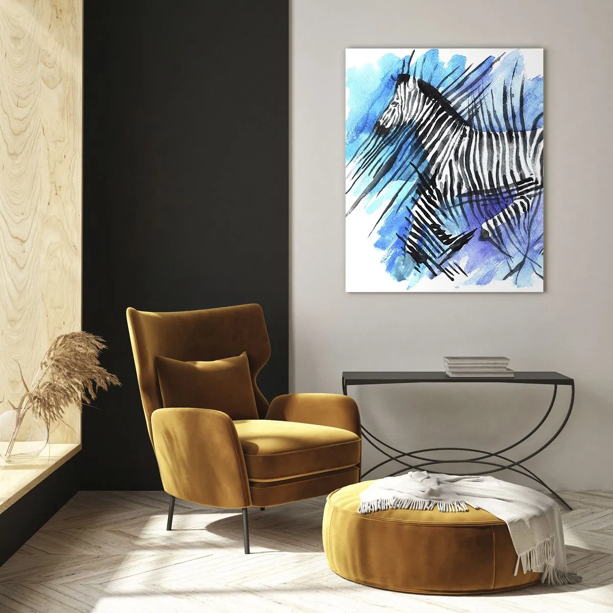 Glasbild - Bild auf glas - Aquarell-Illustration eines Zebras vor blauem Himmel - 80x120cm - In Streifen versteckt - Moderne Wanddekoration für Wohnzimmer und Schlafzimmer ARTTOR