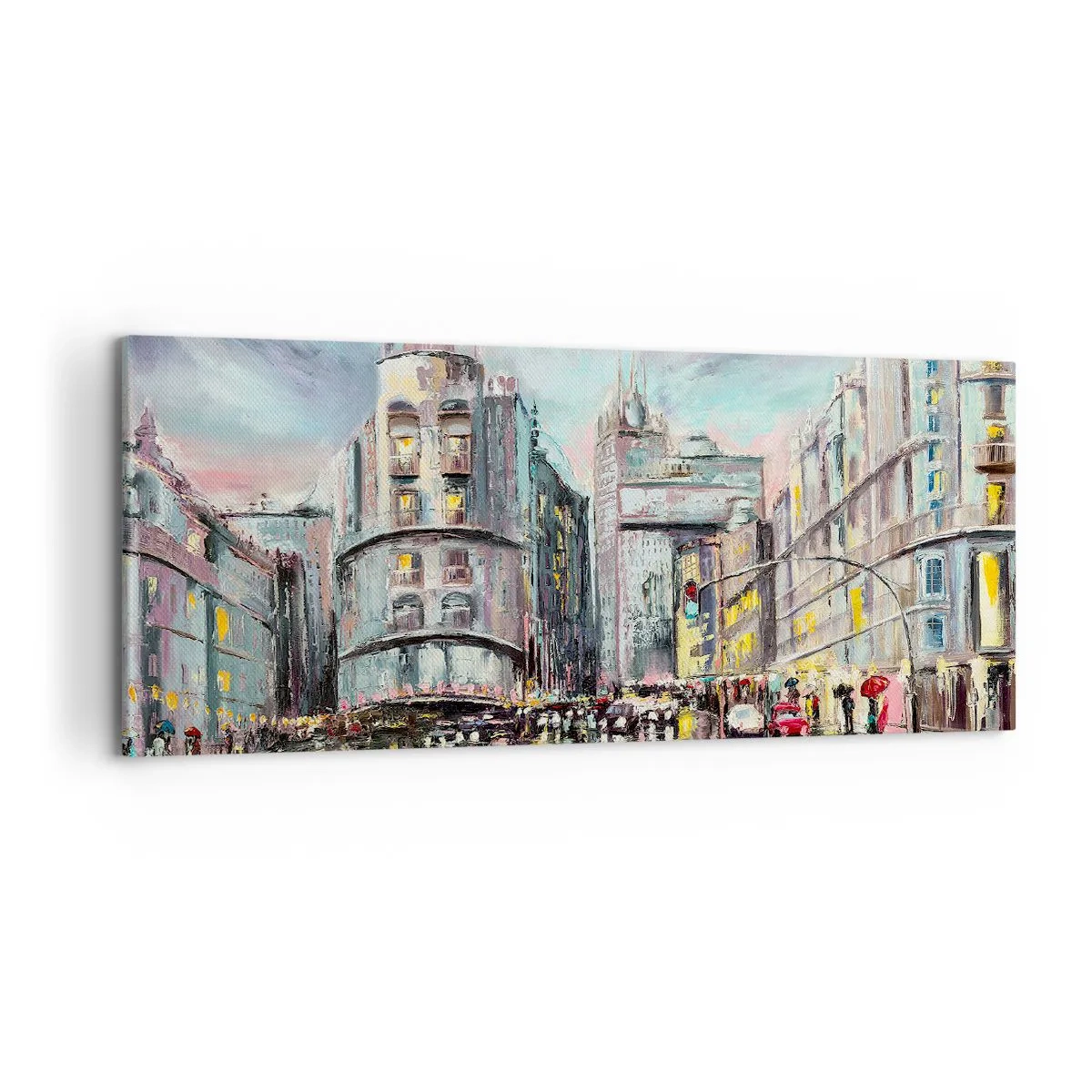 Bild auf Leinwand - Leinwandbild - Abendlicher Blick auf die Stadt mit Spiegelungen auf der nassen Straße - 120x50cm - Es wird ein gelungener Abend - Moderne Wanddekoration für Wohnzimmer und Schlafzimmer ARTTOR