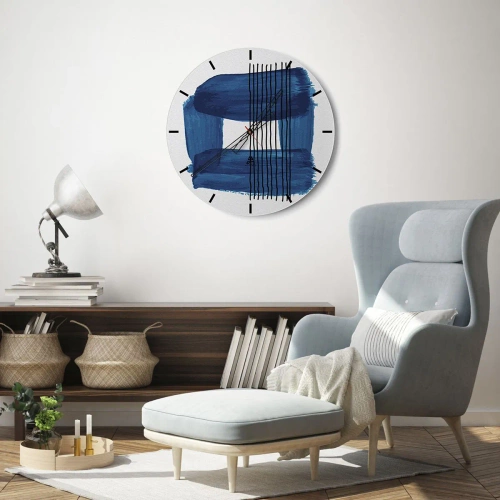 Wanduhr - Glasuhr - Abstraktes Motiv mit blauer Farbe und schwarzen Linien - 30x30cm - Blaue und schwarze Komposition - Moderne Wanddekoration für Wohnzimmer, Küche und Schlafzimmer ARTTOR