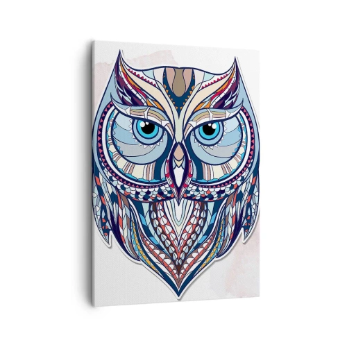 Bild auf Leinwand - Leinwandbild - Geometrische Eule in Blau- und Beigetönen - 50x70cm - Aufwendige Ziereule - Moderne Wanddekoration für Wohnzimmer und Schlafzimmer ARTTOR