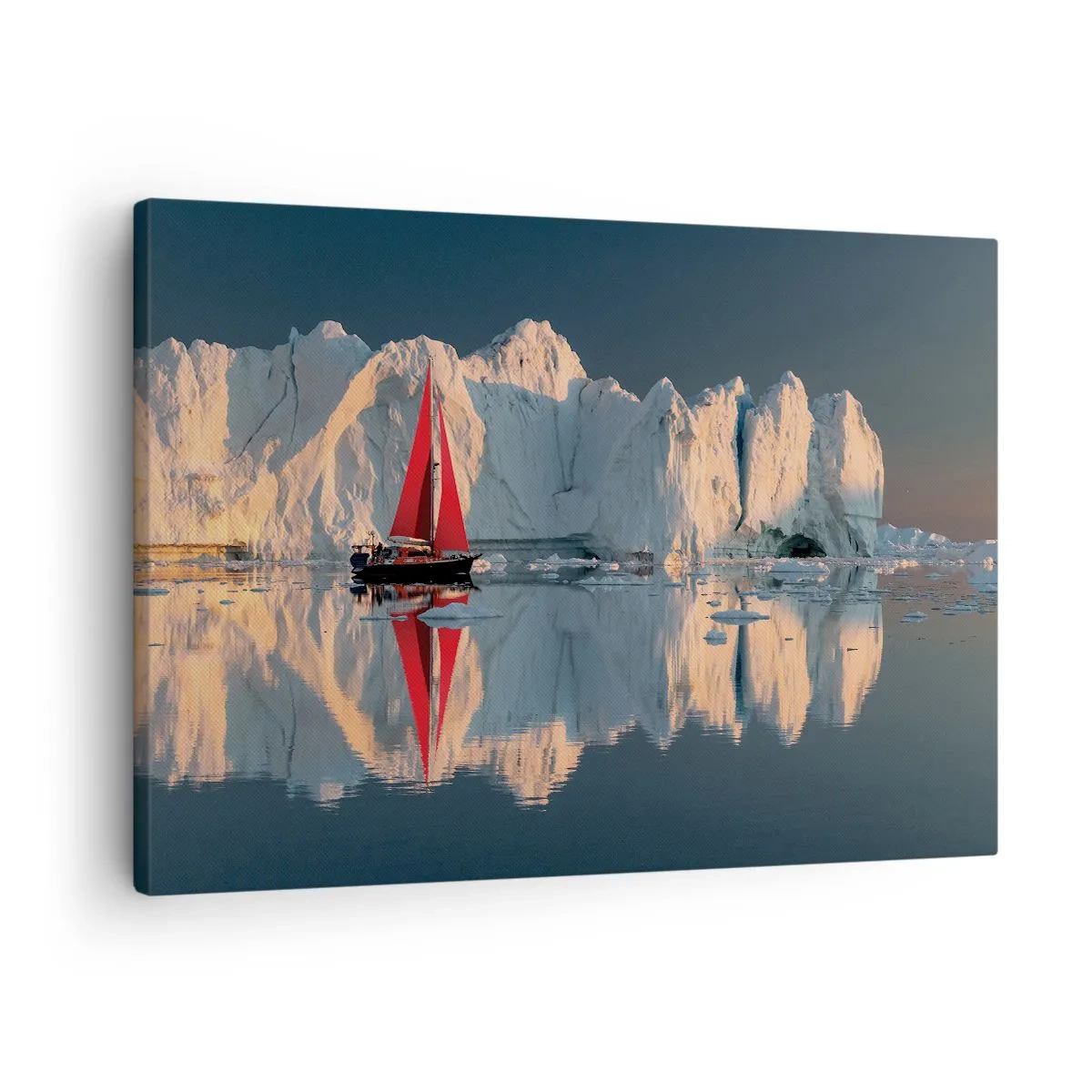 Bild auf Leinwand - Leinwandbild - Ein Segelboot mit rotem Segel vor der Kulisse eines Gletschers - 70x50cm - Am Rande der Welt - Moderne Wanddekoration für Wohnzimmer und Schlafzimmer ARTTOR