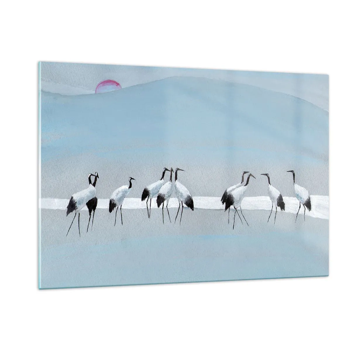 Glasbild - Bild auf glas - Eine Gruppe von Kranichen vor der Kulisse der blauen Berge und einem Sonnenuntergang - 120x80cm - Nach einem heißen Tag - Moderne Wanddekoration für Wohnzimmer und Schlafzimmer ARTTOR