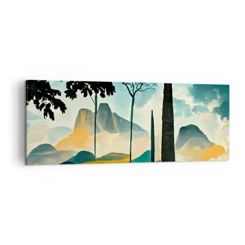 Bild auf Leinwand - Leinwandbild - Eine malerische Landschaft mit Bäumen und Bergen im Hintergrund - 140x50cm - Immer höher und höher - Moderne Wanddekoration für Wohnzimmer und Schlafzimmer ARTTOR