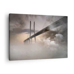 Bild auf Leinwand - Leinwandbild - Eine Brücke über einen Fluss, umgeben von Nebel am Morgen - 70x50cm - Auf dem Fluss, den es nicht gibt - Moderne Wanddekoration für Wohnzimmer und Schlafzimmer ARTTOR