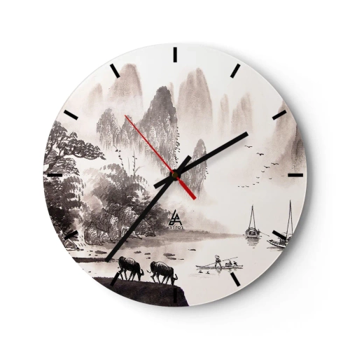 Wanduhr - Glasuhr - Eine malerische Landschaft mit Wasser, Bergen und Booten in Schwarzweiß. - 30x30cm - Der exotische Alltag des Ostens - Moderne Wanddekoration für Wohnzimmer, Küche und Schlafzimmer ARTTOR
