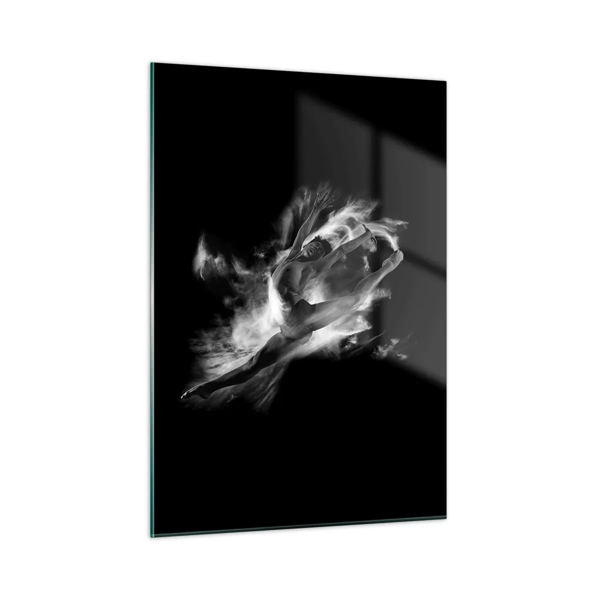 Glasbild - Bild auf glas - Schwarz-weiße Silhouette einer Tänzerin in dynamischer Bewegung - 50x70cm - Im Flug hängen geblieben - Moderne Wanddekoration für Wohnzimmer und Schlafzimmer ARTTOR