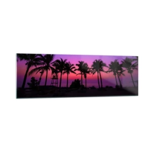 Glasbild - Bild auf glas - Silhouetten von Palmen vor einem rosa-violetten Sonnenuntergangshimmel - 160x50cm - Abend unter Palmen - Moderne Wanddekoration für Wohnzimmer und Schlafzimmer ARTTOR