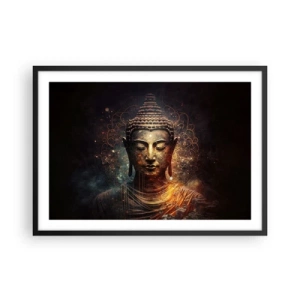 Poster in einem schwarzem Rahmen - Goldener Buddha auf dunklem Hintergrund mit Ornamenten - 70x50cm - Spirituelles Gleichgewicht - Moderne Wanddekoration für Wohnzimmer und Schlafzimmer ARTTOR