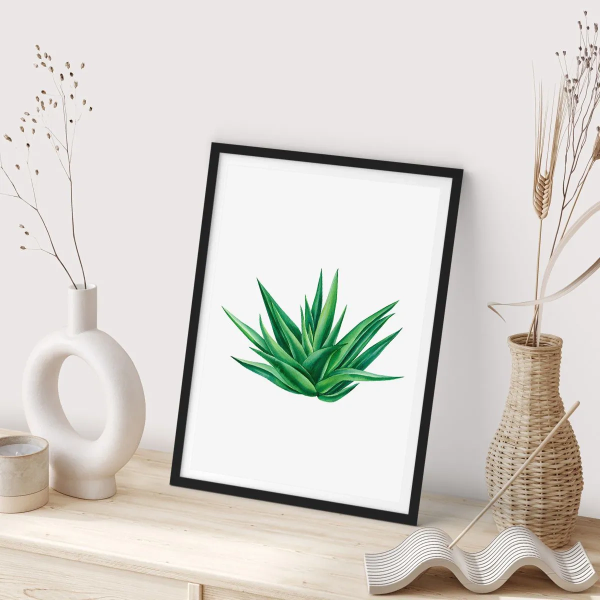 Poster in einem schwarzem Rahmen - Minimalistische Illustration einer grünen Pflanze - 50x70cm - Grün – Kraft – Leben - Moderne Wanddekoration für Wohnzimmer und Schlafzimmer ARTTOR