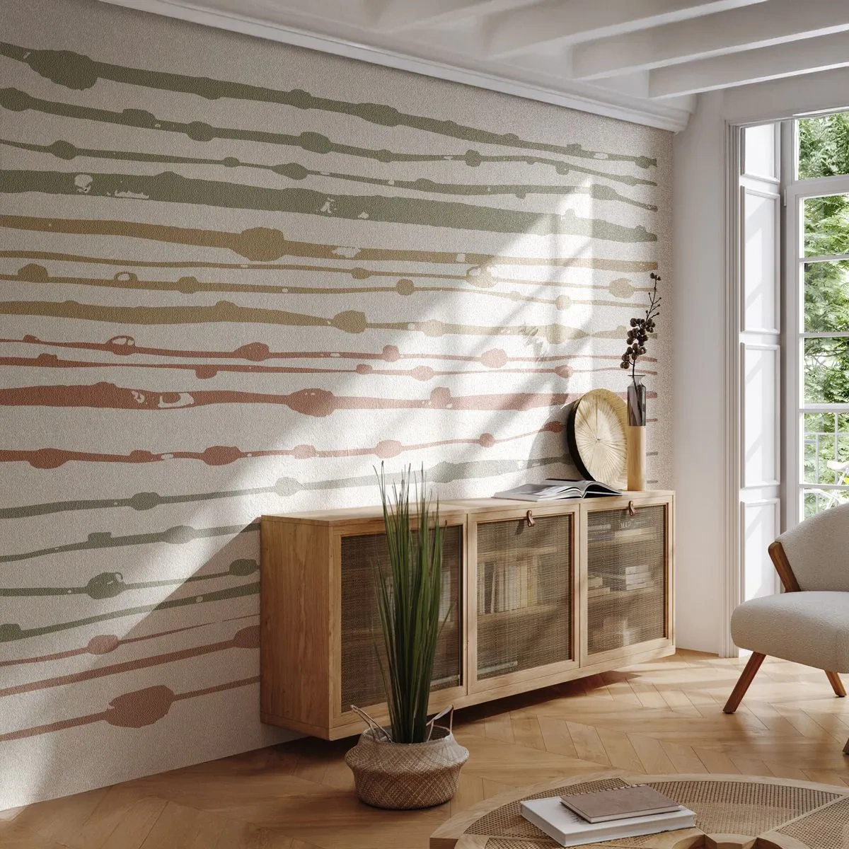 Fototapete Premium Sand - Bunte Linien in warmen Farben auf hellem Hintergrund - 100x70cm - Musikalische Notation von Farben - Moderne Wanddekoration für Wohnzimmer und Schlafzimmer ARTTOR