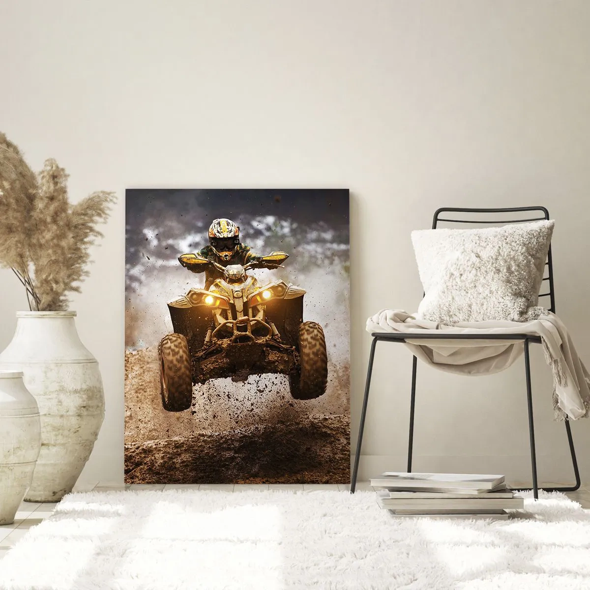 Glasbild - Bild auf glas - Quad im Einsatz auf schlammigem Terrain in dynamischer Umgebung - 50x70cm - Kein Risiko kein Spaß - Moderne Wanddekoration für Wohnzimmer und Schlafzimmer ARTTOR
