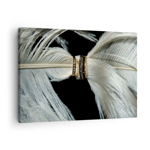 Bild auf Leinwand - Leinwandbild - Eine weiße Feder mit zwei goldenen Ringen auf schwarzem Hintergrund - 70x50cm - ... und ich werde dich nicht verlassen ... - Moderne Wanddekoration für Wohnzimmer und Schlafzimmer ARTTOR