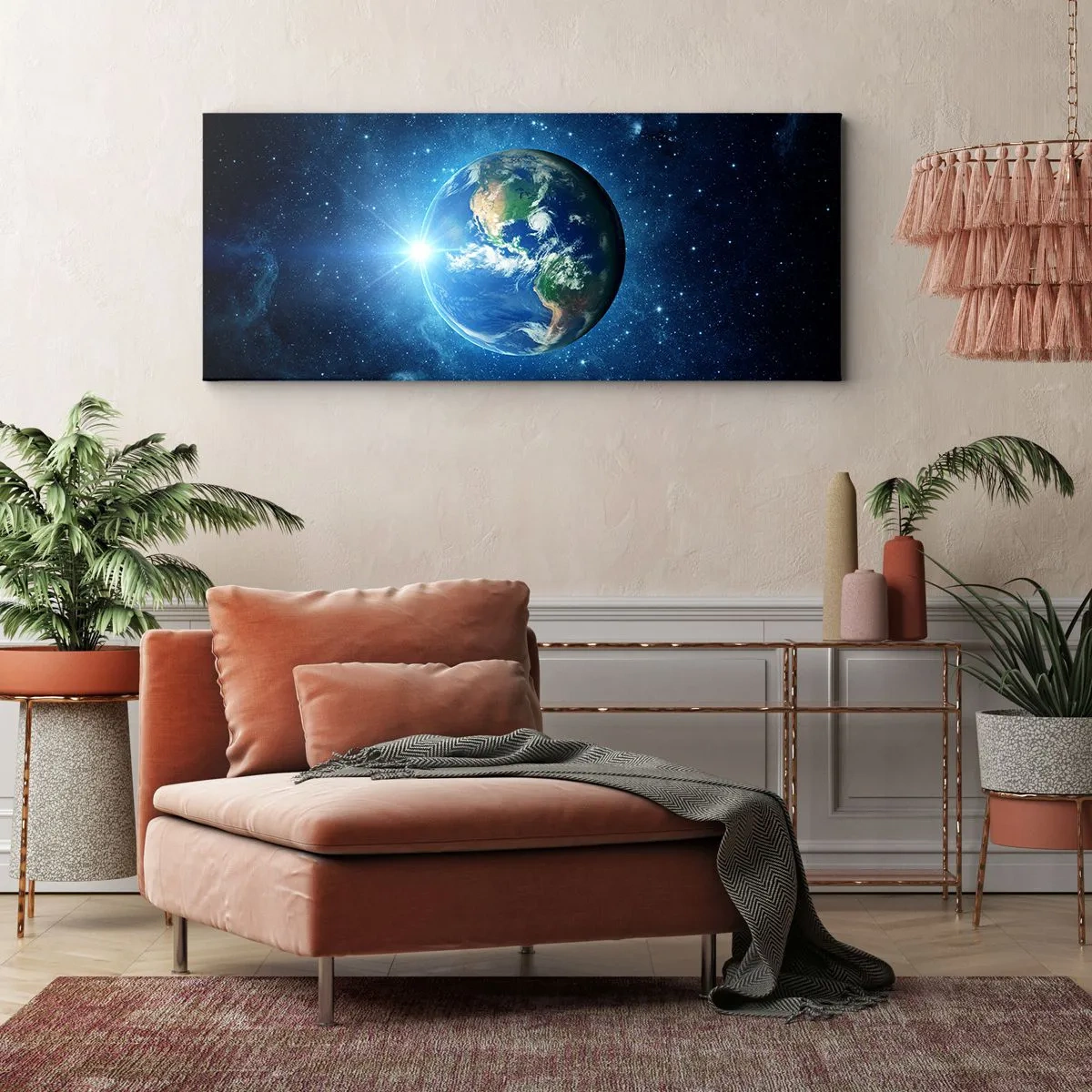 Bild auf Leinwand - Leinwandbild - Erde im Weltraum, umgeben von Sternen und Licht - 160x50cm - Wir sind im Himmel - Moderne Wanddekoration für Wohnzimmer und Schlafzimmer ARTTOR