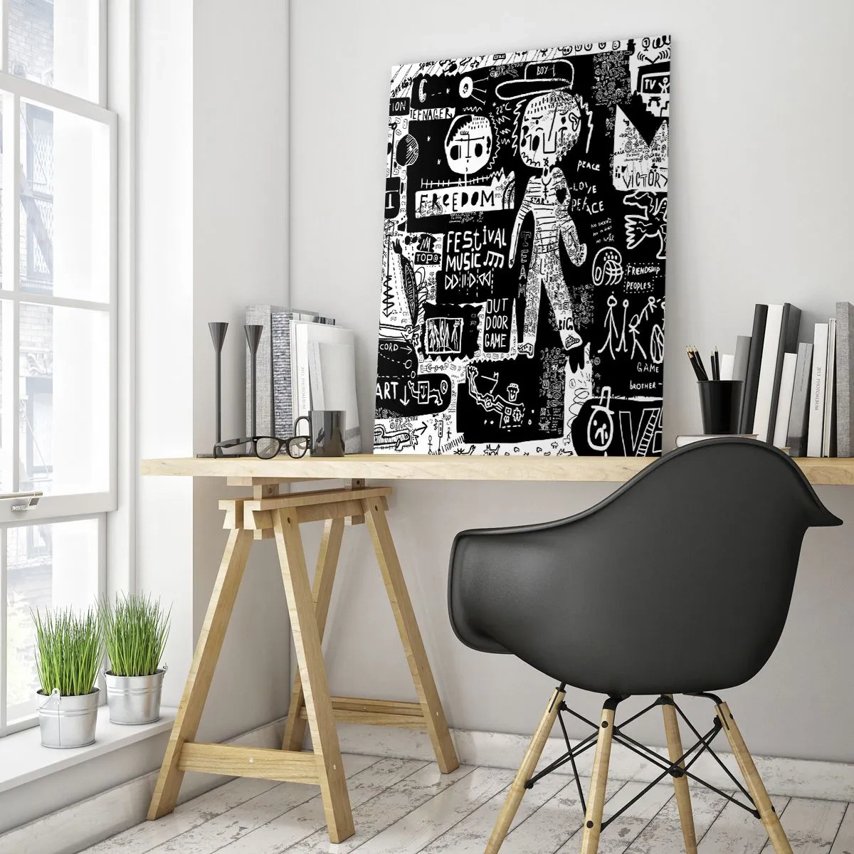 Glasbild - Bild auf glas - Schwarz-weiße Grafiken im Street-Art-Stil mit Figuren und Symbolen - 50x70cm - Spirituelle Jugend des Gesetzes und der Freude - Moderne Wanddekoration für Wohnzimmer und Schlafzimmer ARTTOR