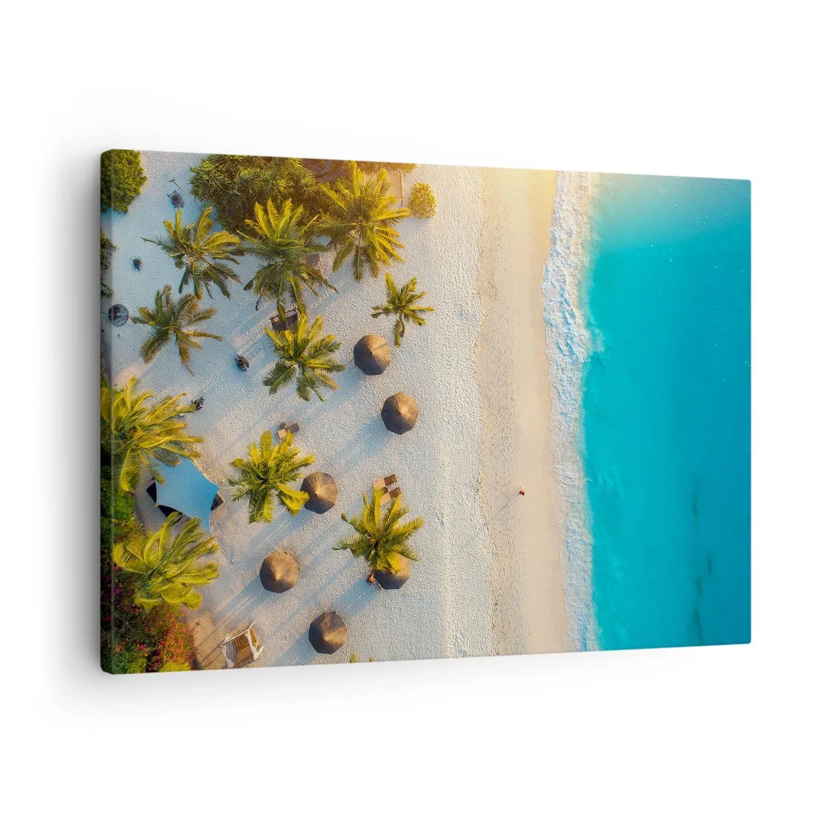 Bild auf Leinwand - Leinwandbild - Blick auf einen tropischen Strand mit Palmen und türkisfarbenem Meer - 70x50cm - Willkommen im Paradies - Moderne Wanddekoration für Wohnzimmer und Schlafzimmer ARTTOR