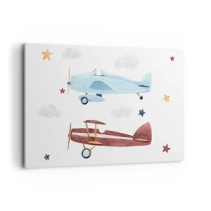 Bild auf Leinwand - Leinwandbild - Handbemalte Flugzeuge vor einem Hintergrund aus Wolken und Sternen - 120x80cm - Wir warten, Herr Pilot! - Moderne Wanddekoration für Wohnzimmer und Schlafzimmer ARTTOR