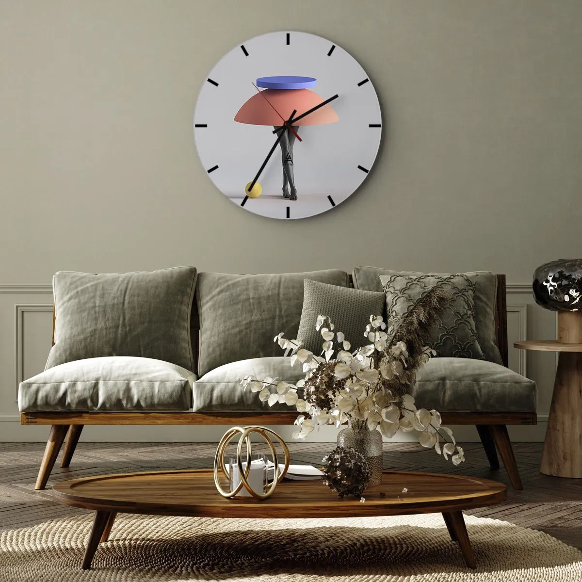 Wanduhr - Glasuhr - Eine abstrakte Figur aus geometrischen Formen und menschlichen Beinen. - 30x30cm - Surrealistische Komposition - Moderne Wanddekoration für Wohnzimmer, Küche und Schlafzimmer ARTTOR