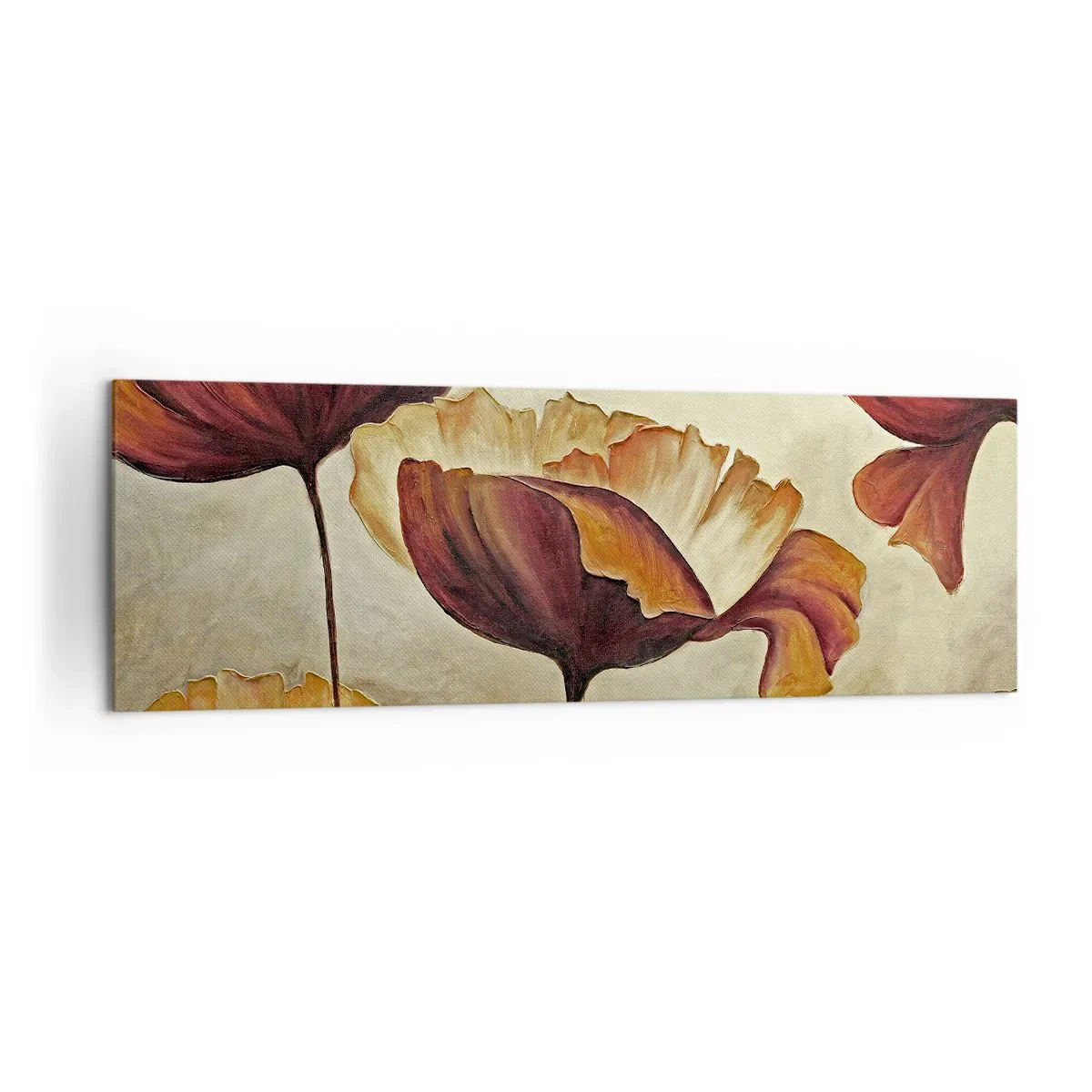 Bild auf Leinwand - Leinwandbild - Dezente Blumen in Rot- und Goldtönen auf hellem Untergrund - 160x50cm - Weideland - Moderne Wanddekoration für Wohnzimmer und Schlafzimmer ARTTOR