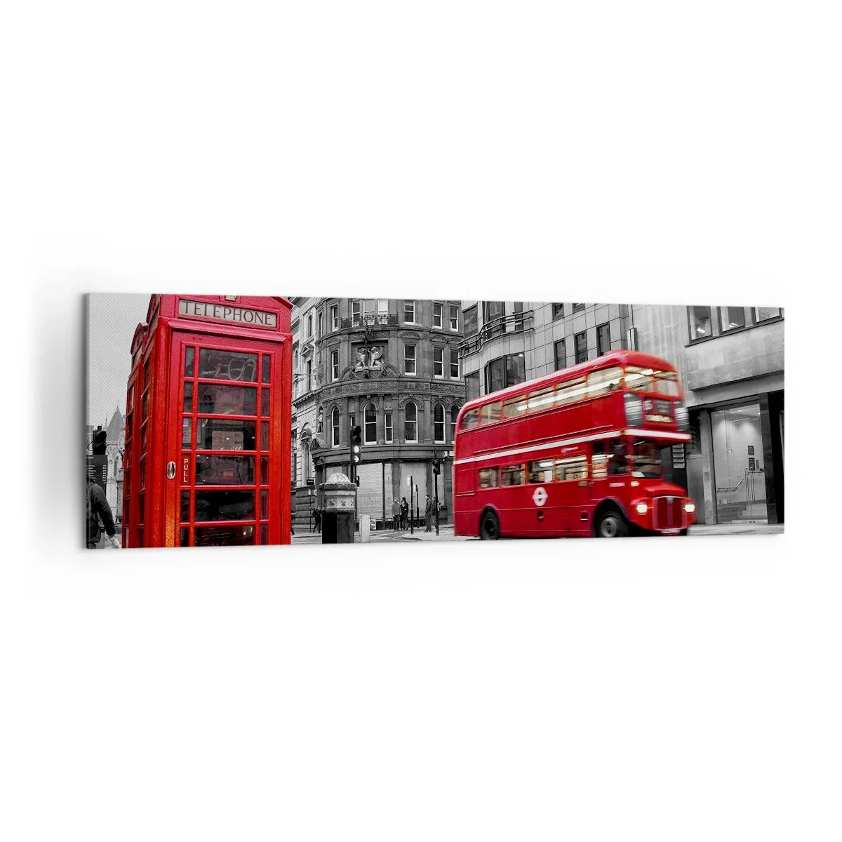 Bild auf Leinwand - Leinwandbild - Eine rote Telefonzelle und ein Doppeldeckerbus in London mit der Stadt im Hintergrund - 160x50cm - Das Rotste in Europa - Moderne Wanddekoration für Wohnzimmer und Schlafzimmer ARTTOR