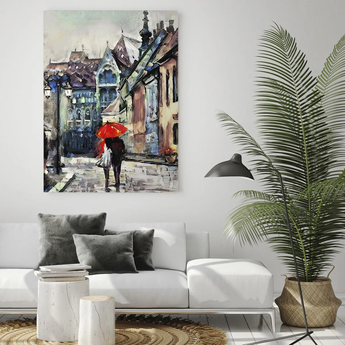Glasbild - Bild auf glas - Eine charmante Stadtstraße mit einem Paar unter einem roten Regenschirm - 70x100cm - Regen für Zwei - Moderne Wanddekoration für Wohnzimmer und Schlafzimmer ARTTOR
