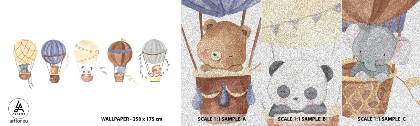 Fototapeten Muster Premium Sand - Freunde auf Reise - Luftballons, Tiere, Kinder - 100x30 cm