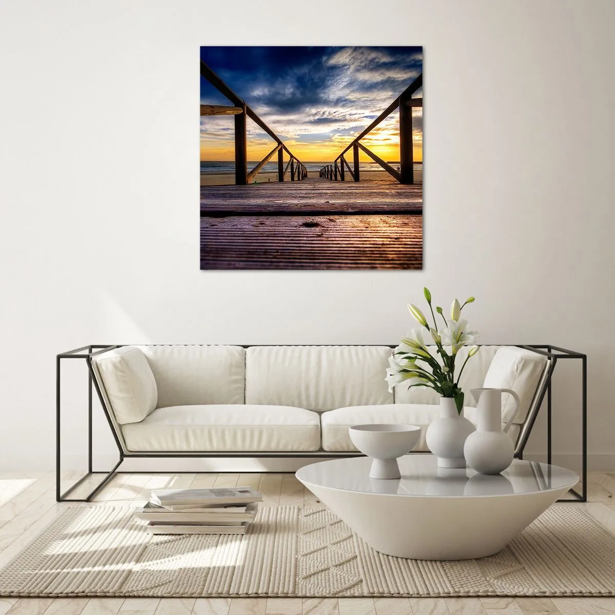 Glasbild - Bild auf glas - Direkt zum ruhigen Strand bei Sonnenuntergang - 50x50 cm