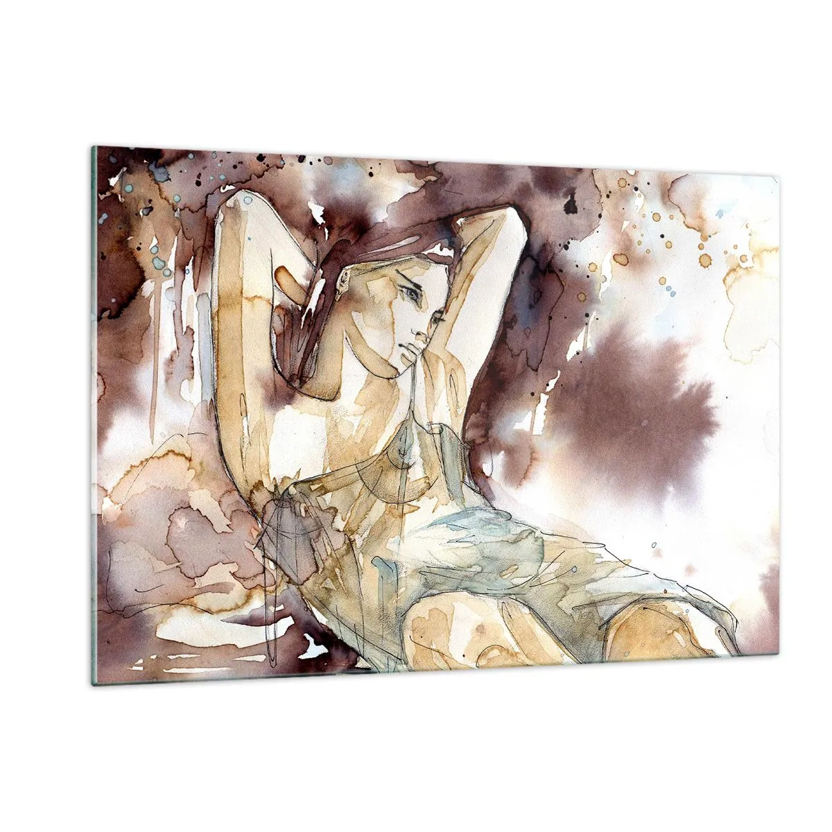 Glasbild - Bild auf glas - Sinnliche Frau in einem künstlerischen Sepia-Aquarell - 120x80cm - In lila Stimmung - Moderne Wanddekoration für Wohnzimmer und Schlafzimmer ARTTOR