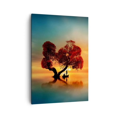 Bild auf Leinwand - Leinwandbild - Ein rotblättriger Baum und ein Boot auf dem Wasser bei Sonnenuntergang - 50x70cm - Oddaysons und die Stille der Weltlosen - Moderne Wanddekoration für Wohnzimmer und Schlafzimmer ARTTOR