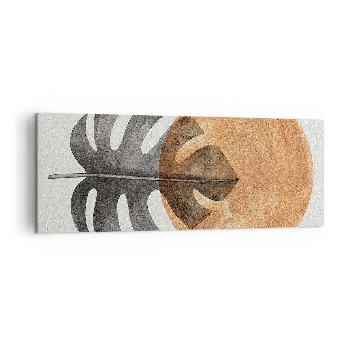 Bild auf Leinwand - Leinwandbild - Monstera-Blatt und goldener Kreis auf hellem Hintergrund - 140x50cm - Immer die Sonne - Moderne Wanddekoration für Wohnzimmer und Schlafzimmer ARTTOR