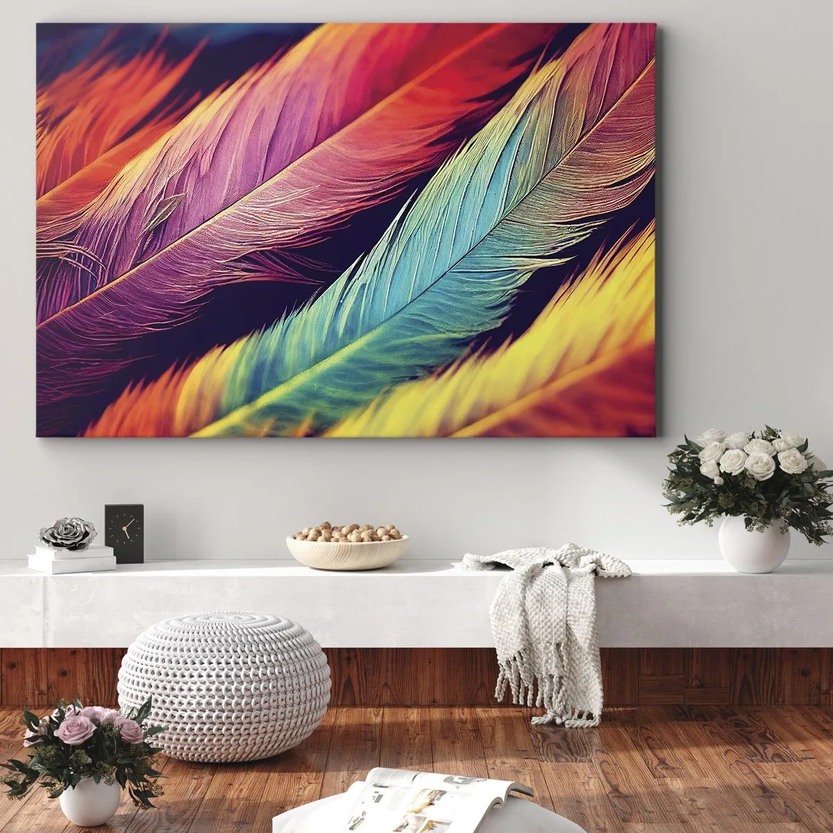Bild auf Leinwand - Leinwandbild - Bunte Federn in intensiven Farben - 70x50cm - Gefiederter Regenbogen - Moderne Wanddekoration für Wohnzimmer und Schlafzimmer ARTTOR