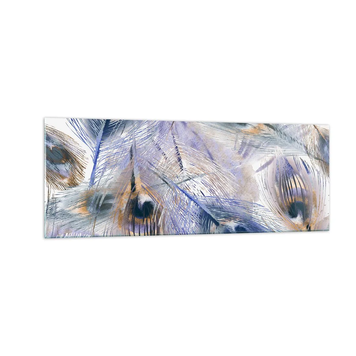 Glasbild - Bild auf glas - Ein Muster mit Pfauenfedern in Blau- und Goldtönen - 140x50cm - Pfau-Komposition - Moderne Wanddekoration für Wohnzimmer und Schlafzimmer ARTTOR
