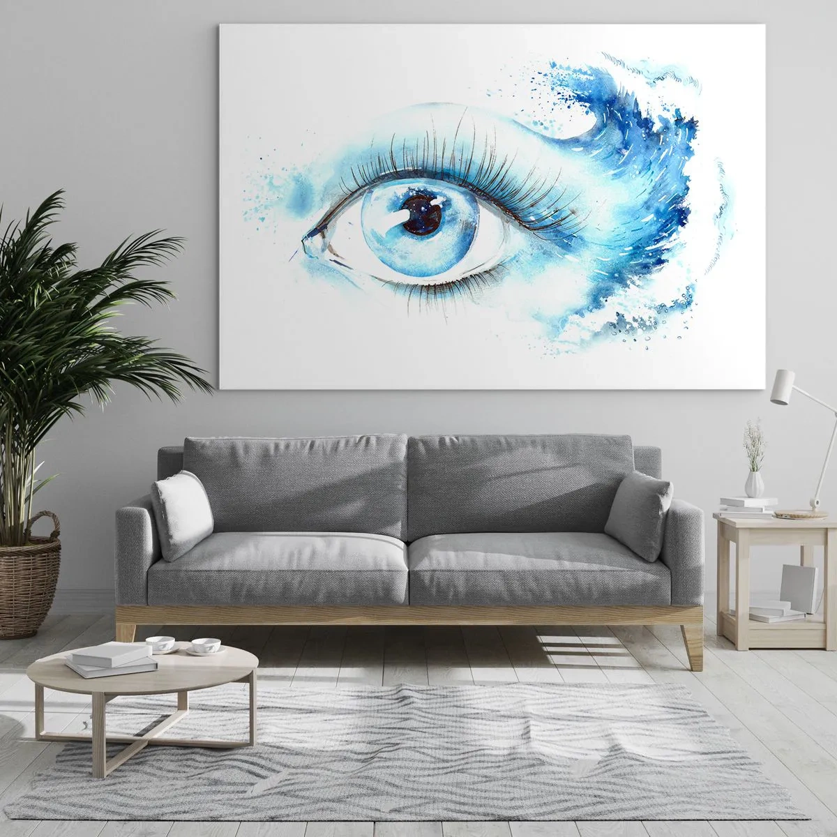 Glasbild - Bild auf glas - Blaues Auge im künstlerischen Aquarell - 120x80cm - Tauchen Sie ein in das Blau der Blicke - Moderne Wanddekoration für Wohnzimmer und Schlafzimmer ARTTOR
