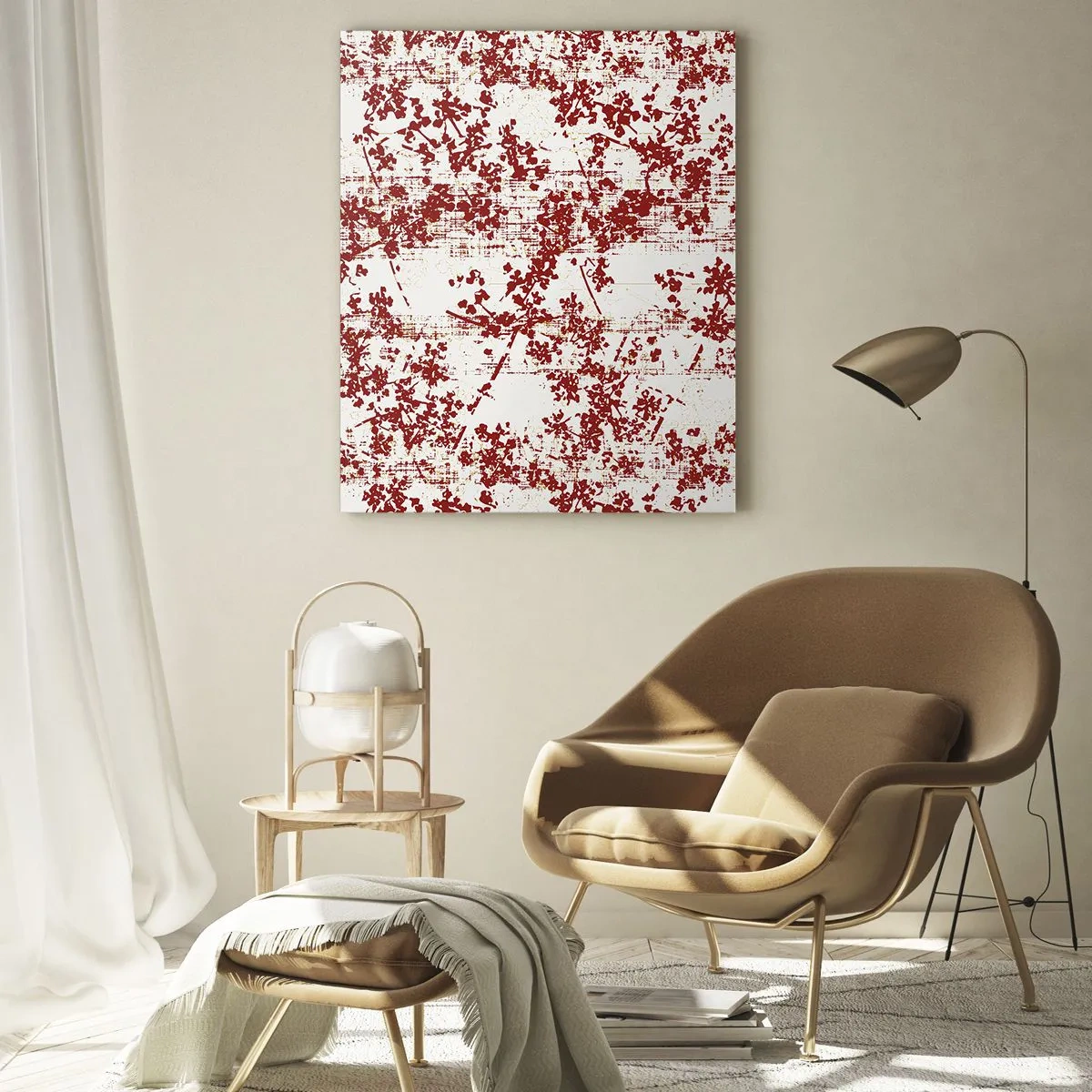 Glasbild - Bild auf glas - Rote Blumen auf weißem Hintergrund im künstlerischen Stil - 80x120cm - Wie alter Perkal - Moderne Wanddekoration für Wohnzimmer und Schlafzimmer ARTTOR