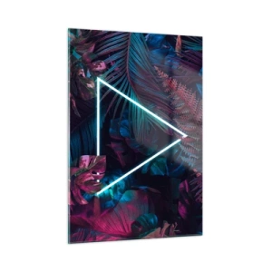 Glasbild - Bild auf glas - Ein Neondreieck, umgeben von tropischen Pflanzen in Rosa- und Blautönen. - 50x70cm - Garten im Disco-Stil - Moderne Wanddekoration für Wohnzimmer und Schlafzimmer ARTTOR