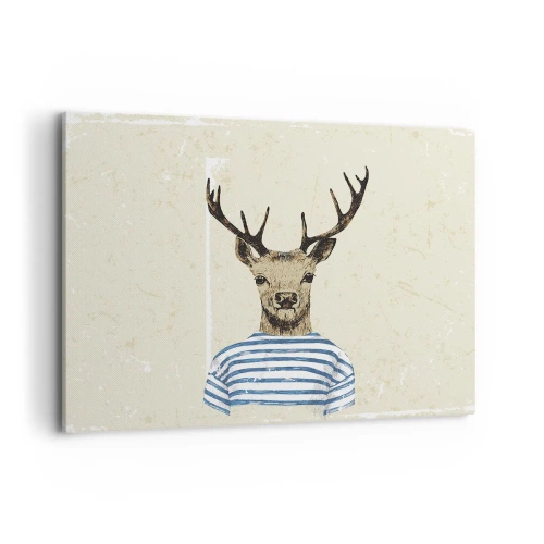 Bild auf Leinwand - Leinwandbild - Ein Hirsch im gestreiften Hemd auf hellem Hintergrund mit zarter Textur - 100x70cm - Weil ich gestreifte T-Shirts mag! - Moderne Wanddekoration für Wohnzimmer und Schlafzimmer ARTTOR