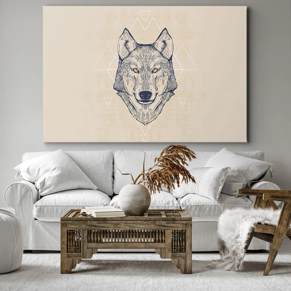 Bild auf Leinwand - Leinwandbild - Ein geometrischer Wolf auf hellem Hintergrund mit minimalistischen Mustern. - 70x50cm - Ein Alpha mit durchdringendem Blick - Moderne Wanddekoration für Wohnzimmer und Schlafzimmer ARTTOR