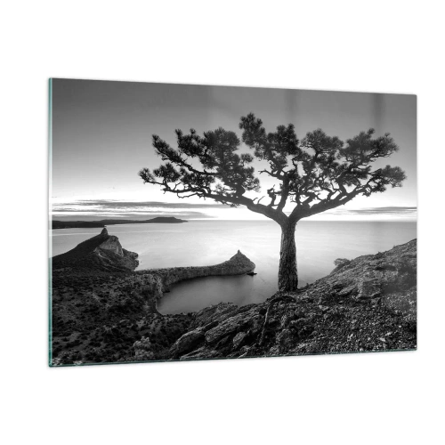 Glasbild - Bild auf glas - Ein Baum auf einer Klippe mit Blick auf die Bucht - 120x80cm - Stille bis zum Horizont - Moderne Wanddekoration für Wohnzimmer und Schlafzimmer ARTTOR