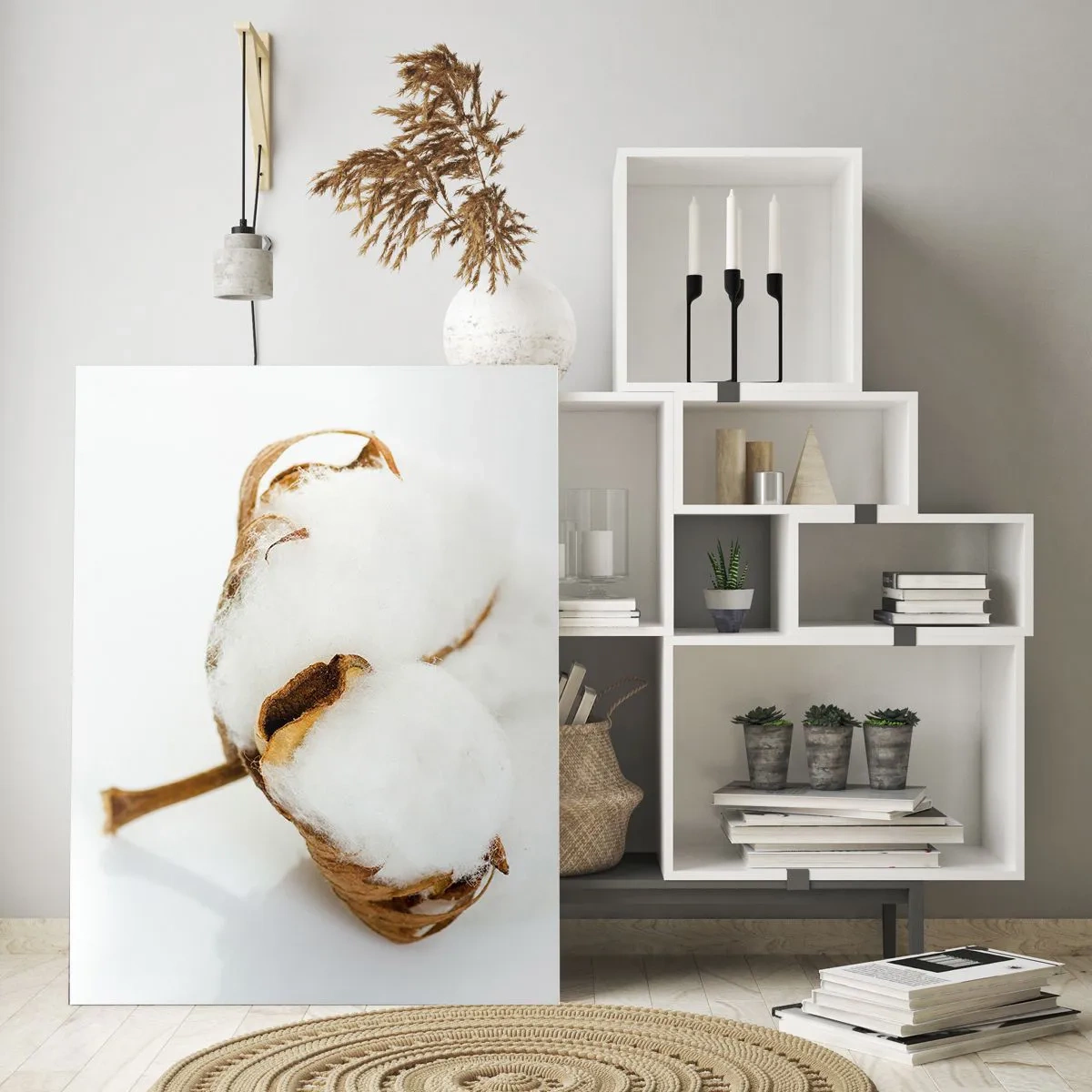 Glasbild - Bild auf glas - Ein Baumwollzweig auf hellem Hintergrund in minimalistischem Ansatz - 70x100cm - Von Natur aus weich - Moderne Wanddekoration für Wohnzimmer und Schlafzimmer ARTTOR