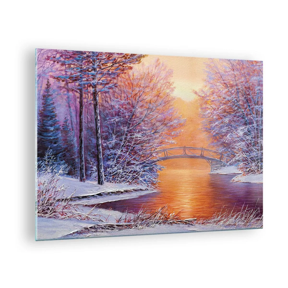 Glasbild - Bild auf glas - Winterlandschaft mit Brücke und schneebedeckten Bäumen bei Sonnenuntergang - 70x50cm - Treffen wir uns hier - Moderne Wanddekoration für Wohnzimmer und Schlafzimmer ARTTOR