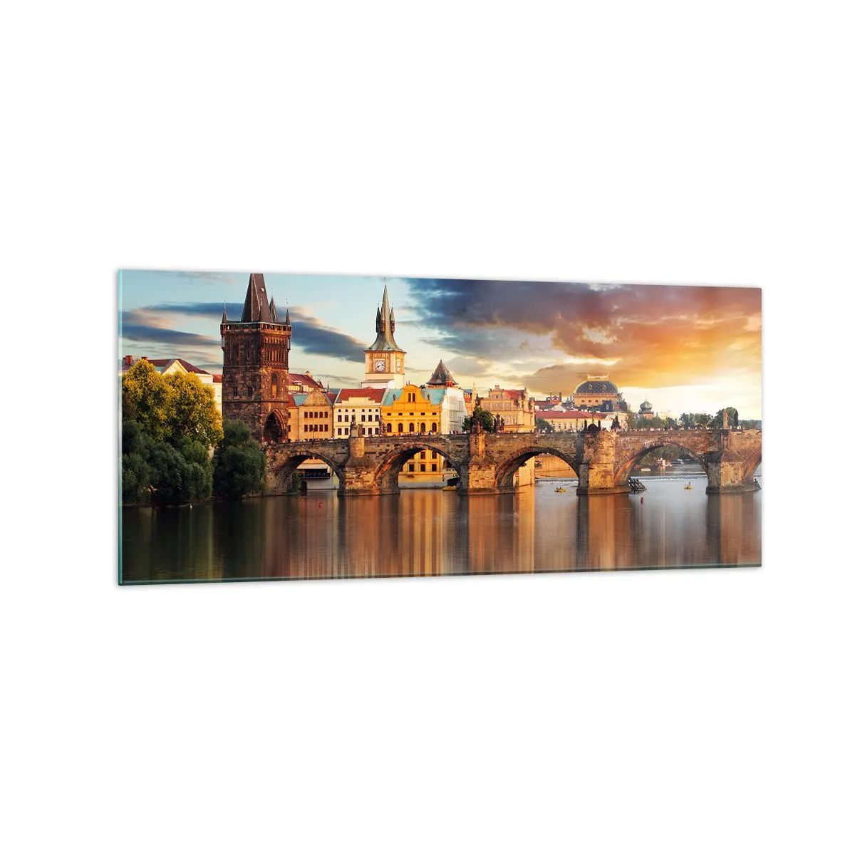 Glasbild - Bild auf glas - Die historische Brücke über den Fluss im Licht der untergehenden Sonne - 120x50cm - Schön seit Ewigkeiten - Moderne Wanddekoration für Wohnzimmer und Schlafzimmer ARTTOR