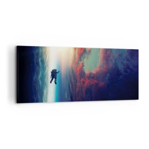 Bild auf Leinwand - Leinwandbild - Ein Astronaut schwebt im Weltraum über einer bunten Erde - 120x50cm - Sich dem Universum stellen - Moderne Wanddekoration für Wohnzimmer und Schlafzimmer ARTTOR