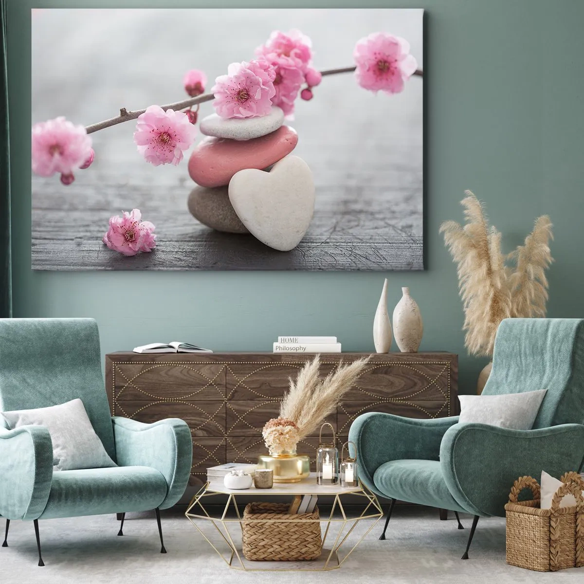 Bild auf Leinwand - Leinwandbild - Zarte Kirschblüten mit herzförmigen Steinen - 70x50cm - Glückseligkeit mit einer Kirschblüte - Moderne Wanddekoration für Wohnzimmer und Schlafzimmer ARTTOR