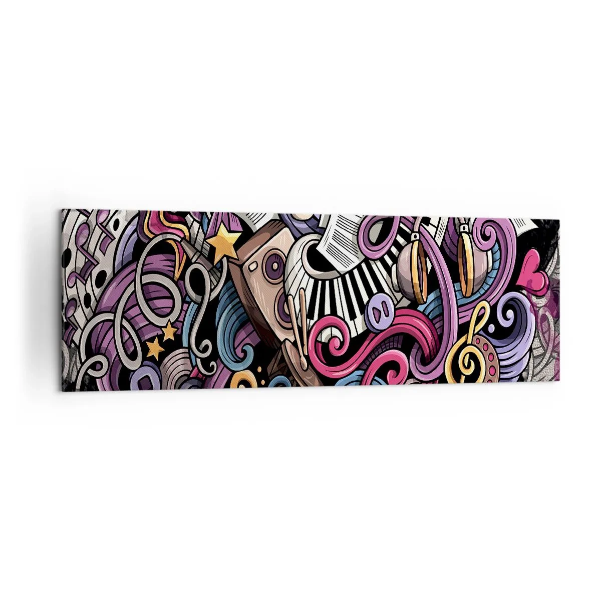 Bild auf Leinwand - Leinwandbild - Eine musikalische Abstraktion voller farbenfroher Instrumente und Noten. - 160x50cm - Komplizierte Melodie - Moderne Wanddekoration für Wohnzimmer und Schlafzimmer ARTTOR