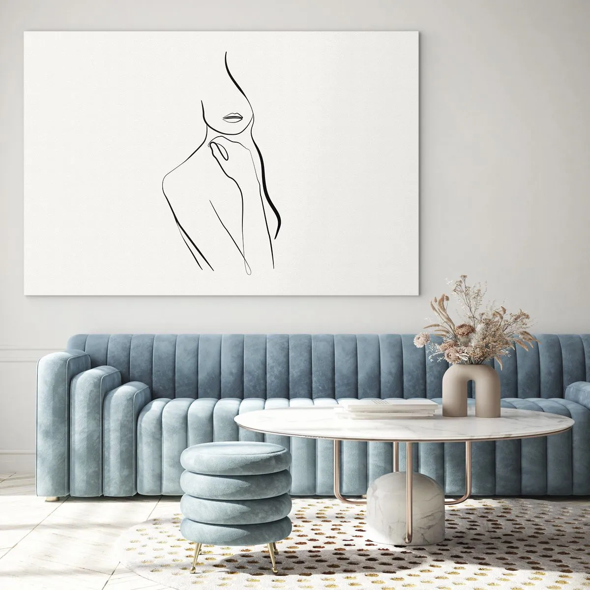 Glasbild - Bild auf glas - Eine minimalistische Linie, die eine weibliche Silhouette vor einem hellen Hintergrund zeigt - 100x70cm - Eine Welle der Melancholie - Moderne Wanddekoration für Wohnzimmer und Schlafzimmer ARTTOR