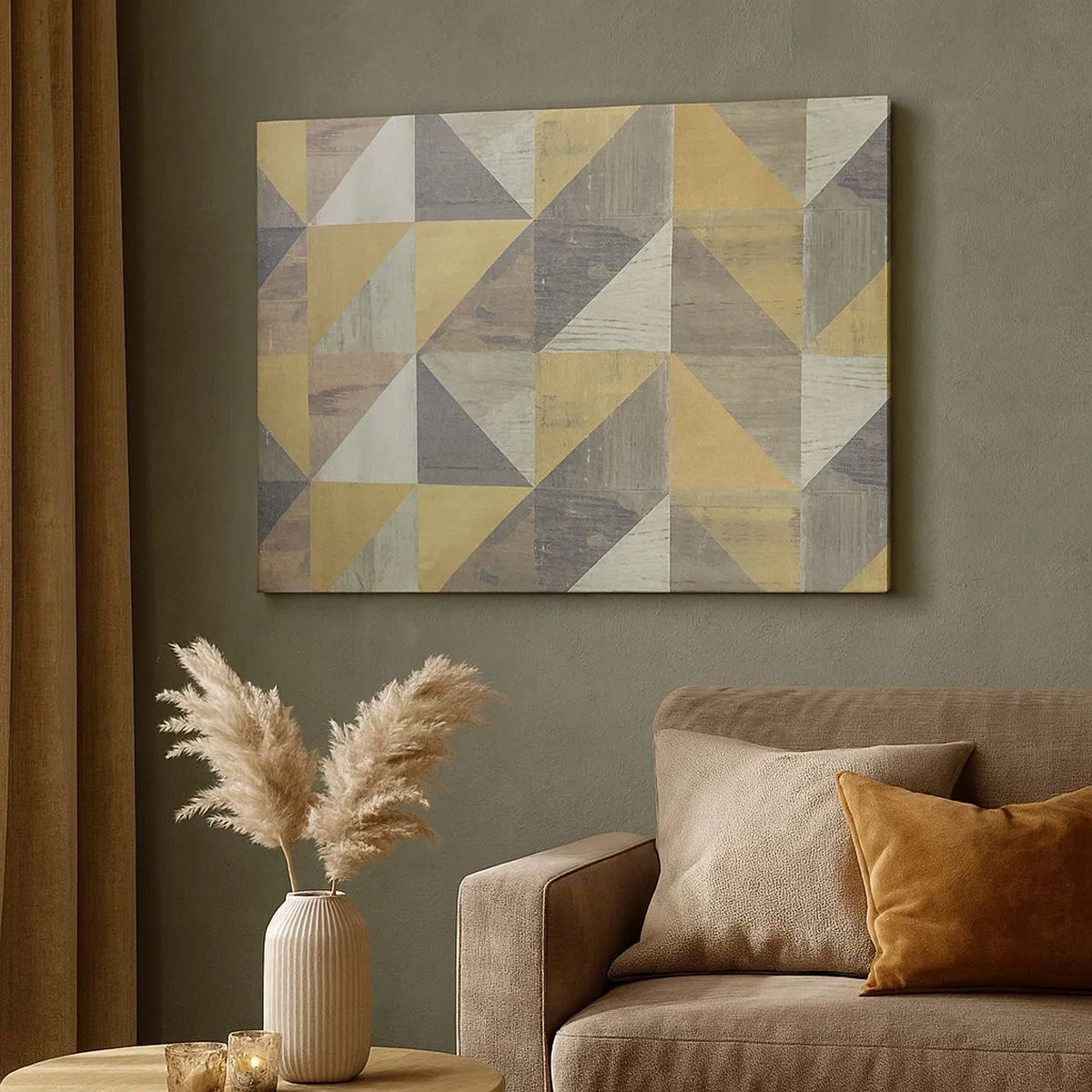 Bild auf Leinwand - Leinwandbild - Geometrische Komposition aus Dreiecken in erdigen Farbtönen - 70x50cm - Am Winkel des Dreiecks - Moderne Wanddekoration für Wohnzimmer und Schlafzimmer ARTTOR