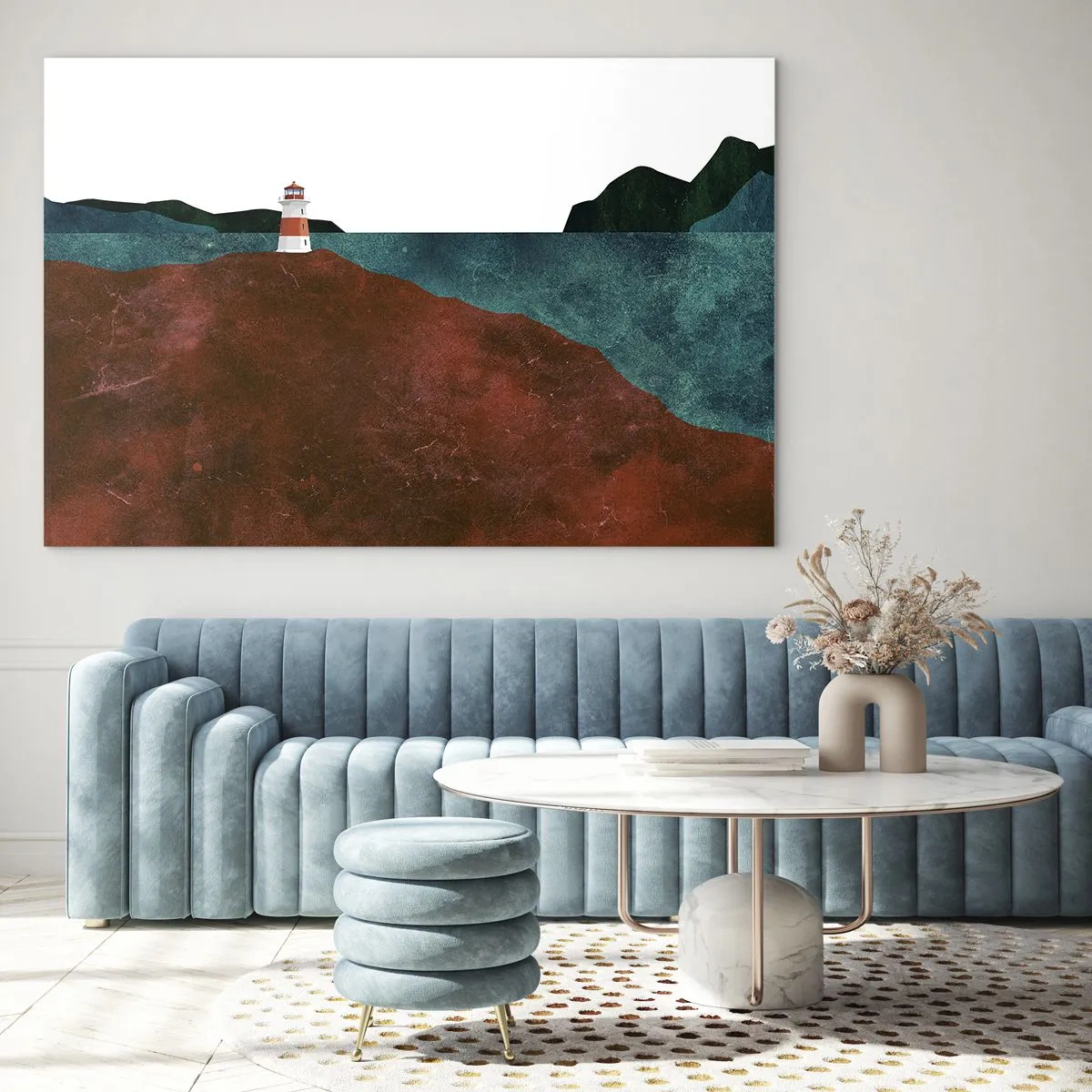 Glasbild - Bild auf glas - Ein Leuchtturm vor der Kulisse eines türkisfarbenen Meeres und roter Klippen - 70x50cm - Aufs Meer starren - Moderne Wanddekoration für Wohnzimmer und Schlafzimmer ARTTOR