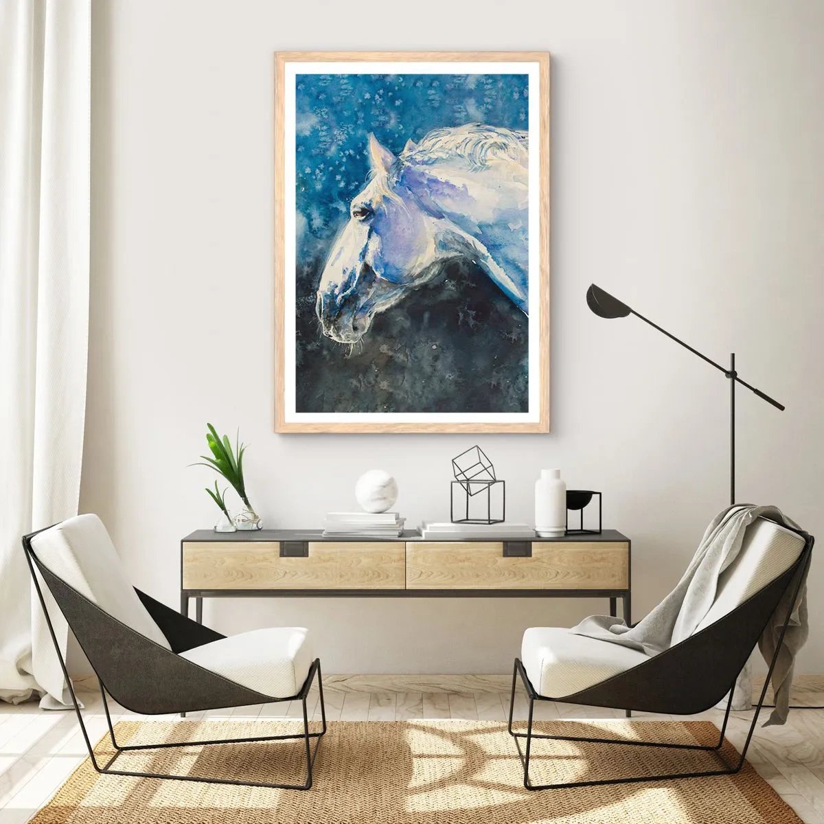 Poster in einem Rahmen aus heller Eiche - Porträt in blauem Glanz - 50x70 cm