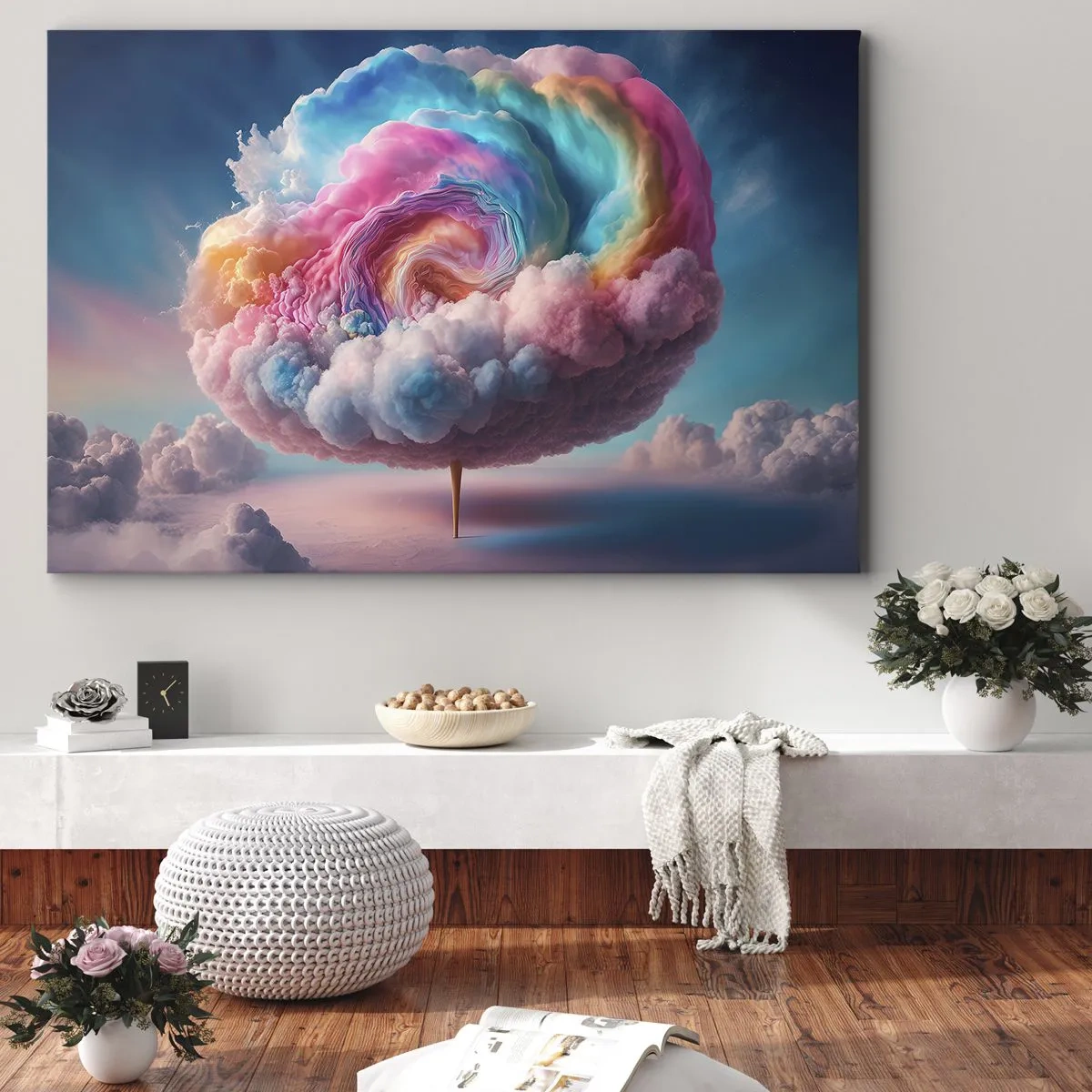 Bild auf Leinwand - Leinwandbild - Eine spiralförmige Wolke mit Pastellfarben am Himmel - 100x70cm - Traum von einem Vergnügungspark - Moderne Wanddekoration für Wohnzimmer und Schlafzimmer ARTTOR